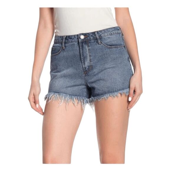 Articles of Society Meredith Frayed Jean Shorts Blue Medium Wash Denim Mid-Rise - Picture 1 of 9
